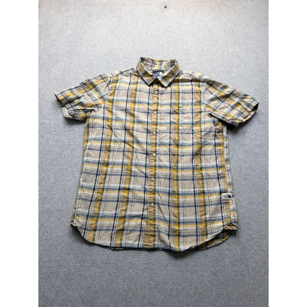 The North Face Mens Plaid Short Sleeve Button Up Shirt Yellow Blue Large